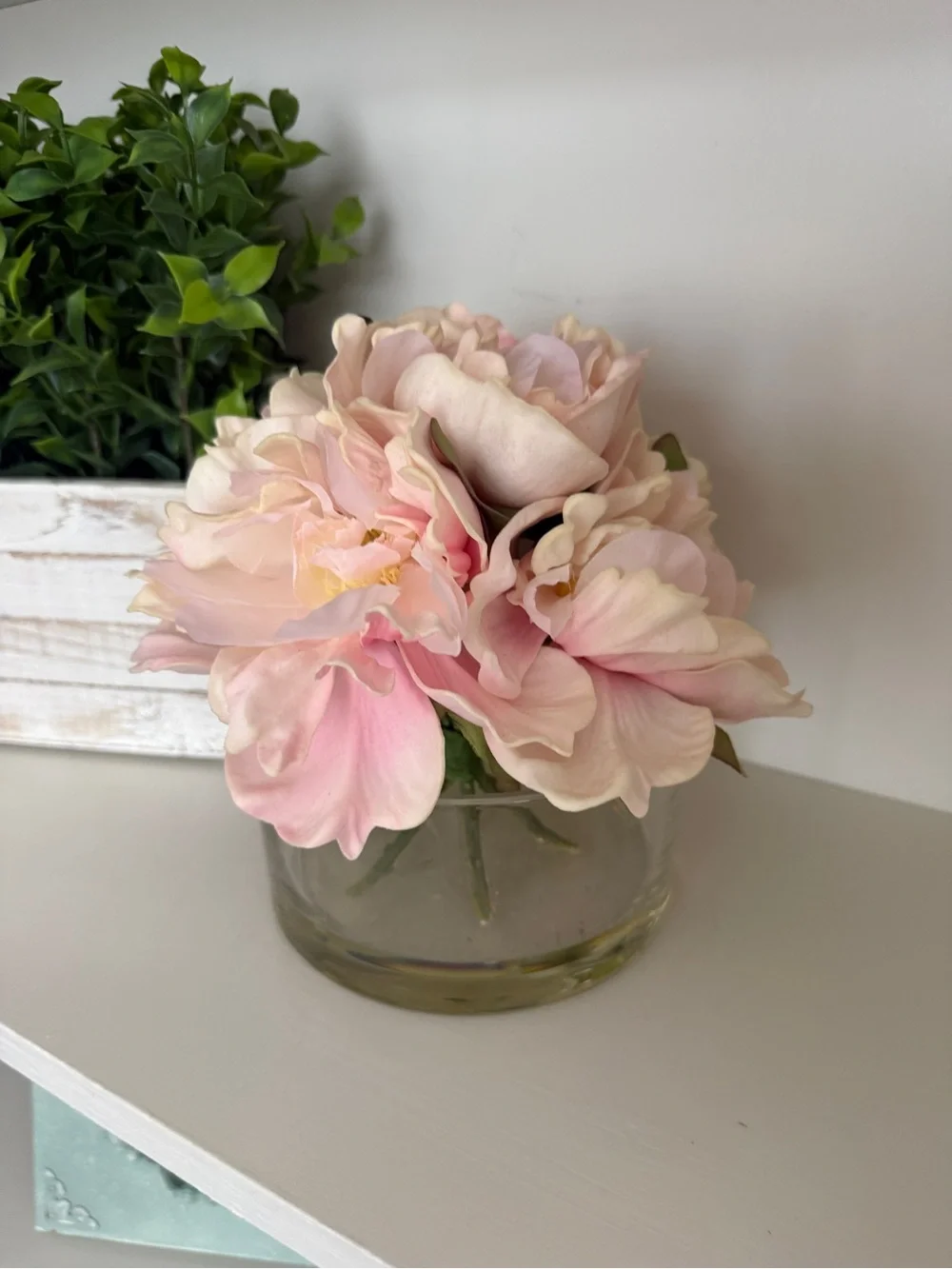 Faux Blush Pink Peony Floral Arrangement in Glass Vase Faux Water Cottage Decor
